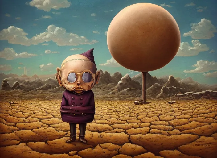 Image similar to a forgotten garden gnome in a vast barren desert, hopeless wasteland background with a relentless raging sun overhead, an ultrafine detailed painting by mark ryden, trending on deviantart, pop surrealism, whimsical, lowbrow, perfect symmetrical face