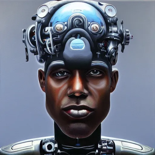 Prompt: a realistic oil painting of a black man as a cybernetic cyborg, surrealism portrait, surrealism album cover