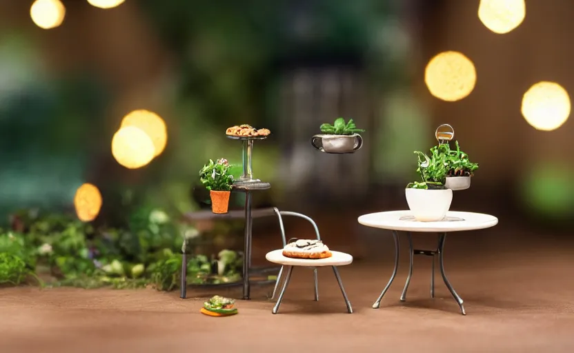 Prompt: mini cafe for mice diorama macro photography, ambient, atmospheric photograph, bokeh, string lights, hanging plants, coffee, pastries