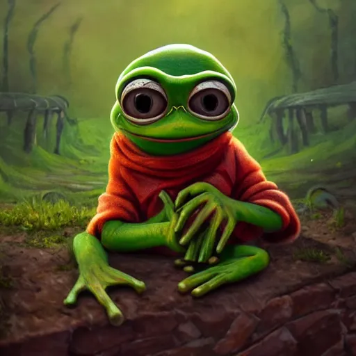 Image similar to Pepe the frog warrior character in Vasya Lozhkin artist style, HD , 4K, oil on canvas, sharp focus, cinematic composition, dramatic pose, hyper detailed