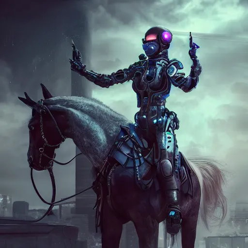 Image similar to photorealistic detailed picture, extreme, uhdr, woman, horse, ride, cyborg, sci fi, cyberpunk lighting, fine details, highly detailed, intricate, smooth sharp focus