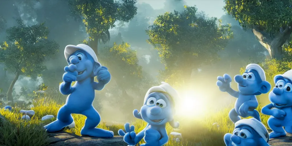 Image similar to smurfs in the unreal engine, 8k, high detail, volumetric lighting, lensflare