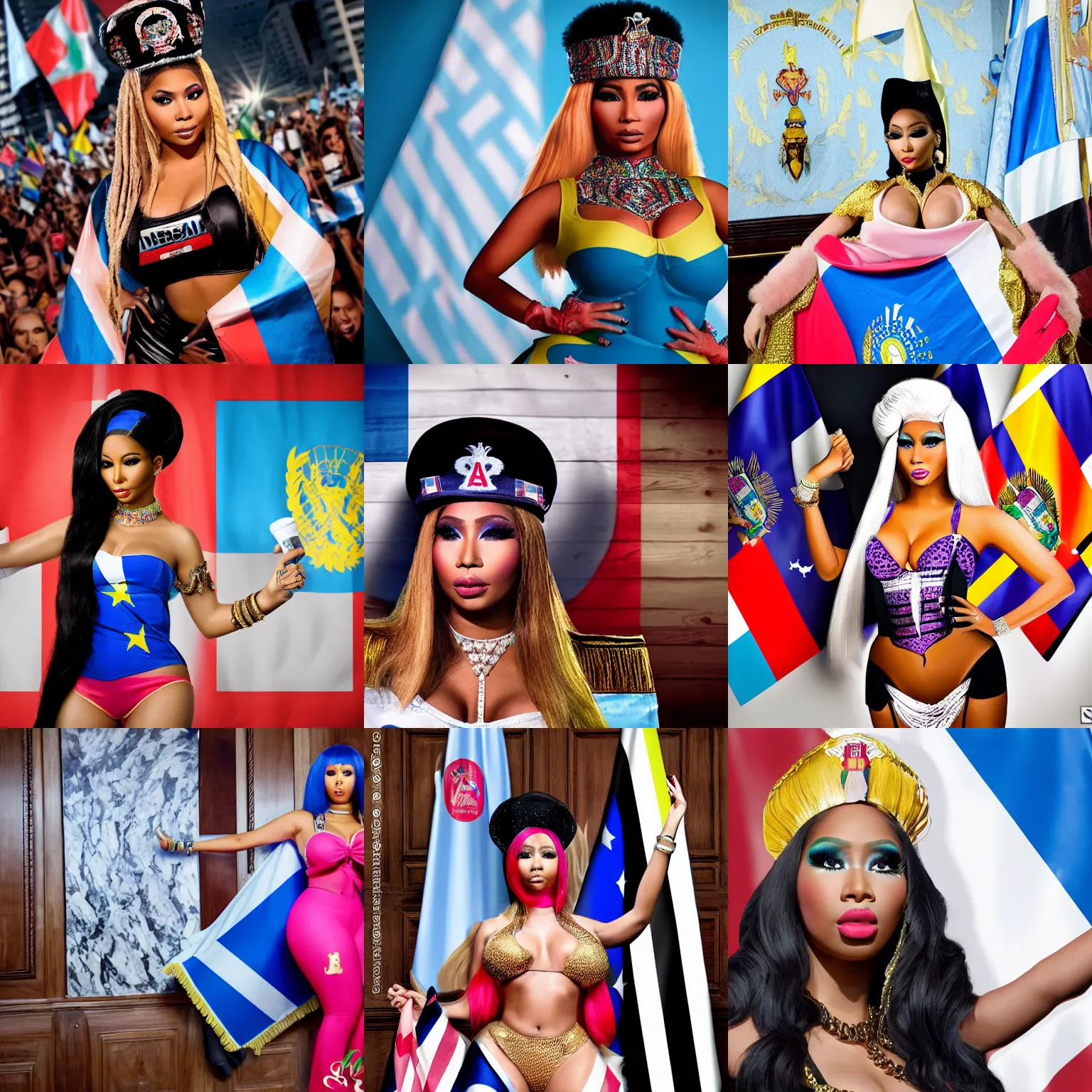 Prompt: Nicki Minaj Peronista in a scenario dressed as president of Argentina, Argentine flags behind, Buenos Aires, hd, super detailed,