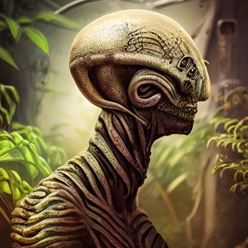 Prompt: portrait painting of an alien, garden, photorealistic, extreme detail, sharp focus, 8 k, intricate, hyper detailed, realistic, cinematic lighting