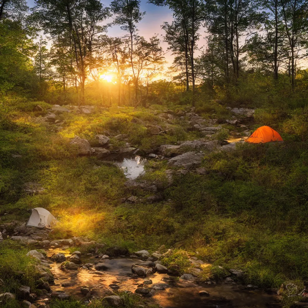 Prompt: Hidden campsite by a creek in the Blueridge mountains, photorealistic, sunset