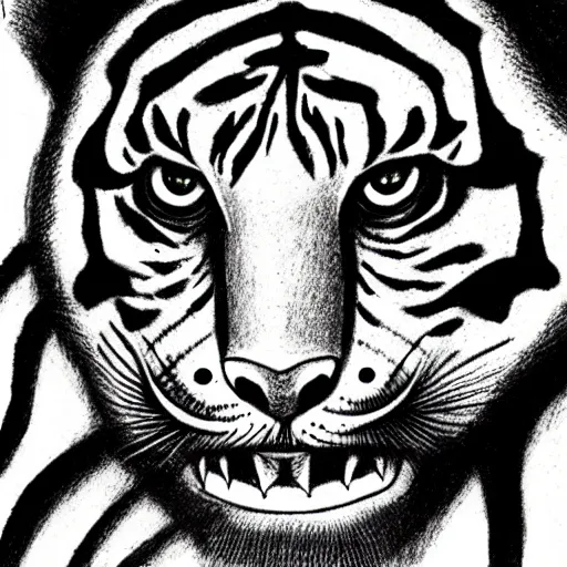 Image similar to a drawing of a tiger by junji ito, horror,