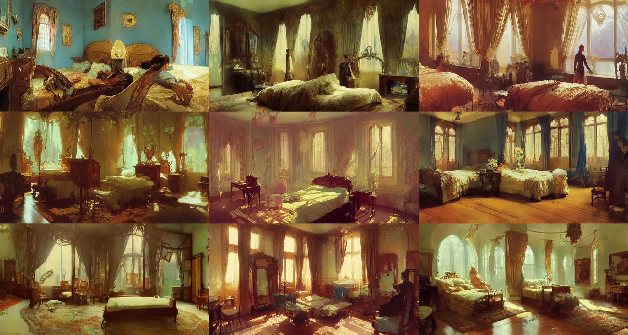 Prompt: bedroom, art nouveau, art by joseph leyendecker, ivan aivazovsky, ruan jia, reza afshar, marc simonetti, alphonse mucha