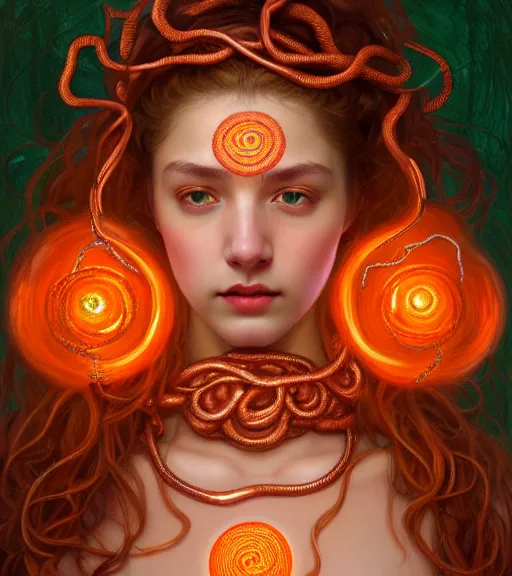 Image similar to portrait of teenage medusa, snake hair, naughty smile, wearing an embroidered orange tunic, intricate, sensual, elegant, copper and emerald jewelry, glowing lights, seductive, highly detailed, digital painting, artstation, concept art, smooth, sharp focus, illustration, art by wlop, mucha, artgerm, and greg rutkowski