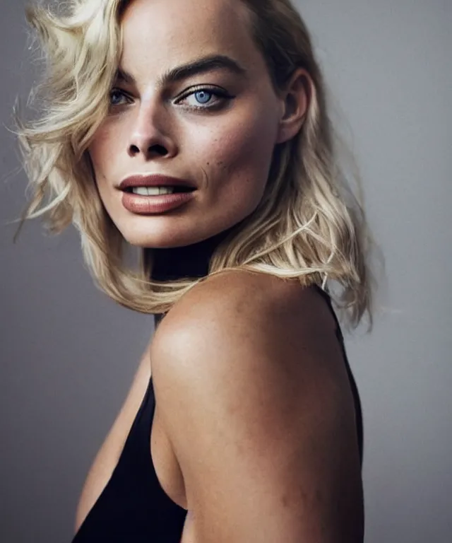 Image similar to a color photograph of margot robbie, by annie leibovitz, platinum blond, intense, bold, exaggerated, ultra sharp, extra details, ultra high quality, trending on pinteresst