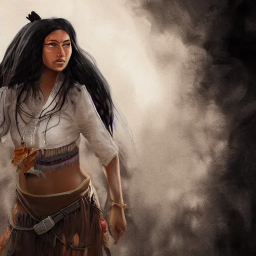 Image similar to 25 year old mixed race native american woman in the wild west, long black hair, with a ghost behind her, digital painting, artstation, sharp focus, concept art, smooth, 8k