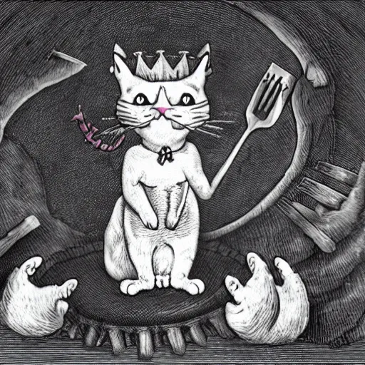 Prompt: a demon cat with a pitchfork in his paws and a crown looks at paradise, where cats circle round dances
