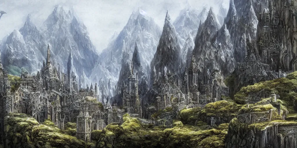 Image similar to an elven city built into the side of a mountain, pristine, by alan lee, lord of the rings, smooth, detailed terrain, oil painting, matte painting, concept art, trending on artstation