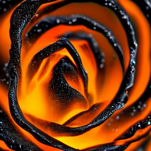 Image similar to award - winning macro of a beautiful black rose made of glowing molten magma