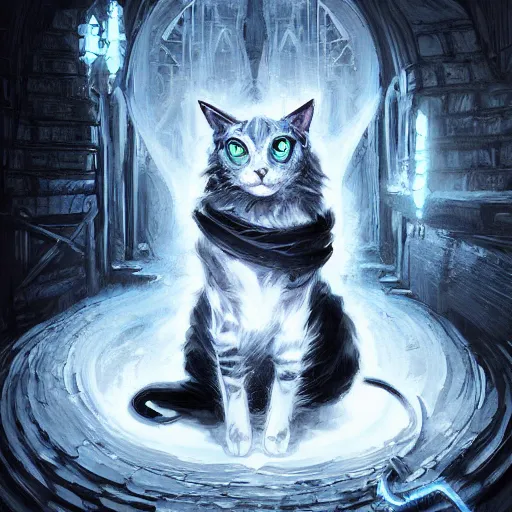 Prompt: black and white cat sorcerer, dnd fantasy digital art by Greg Rutkowski, extremely neon blue accents