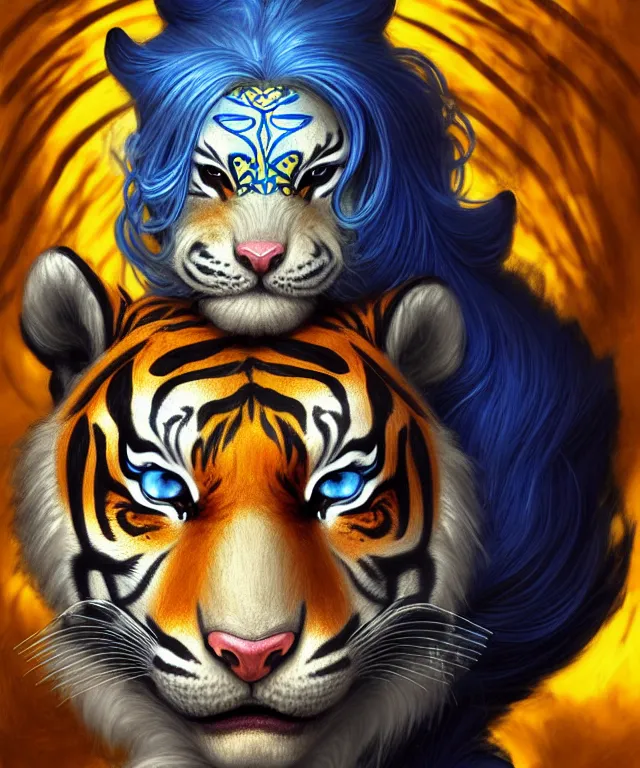 Image similar to anthropomorphic Tiger female, indian origin, fantasy, bright blue eyes, face, black and yellow hair, fantasy, LSD Dream Emulator, intricate, elegant, new york alleyway, moonlit, highly detailed, digital painting, artstation, concept art, smooth, sharp focus, illustration, art by artgerm and greg rutkowski and alphonse mucha