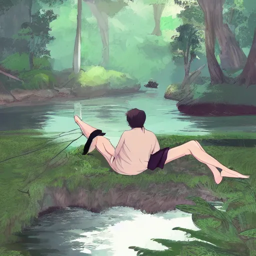 Image similar to a person with goat legs lounging next to a river with one finger in the water in the forest, digital painting, fantasy, studio ghibli environment, overhead canopy