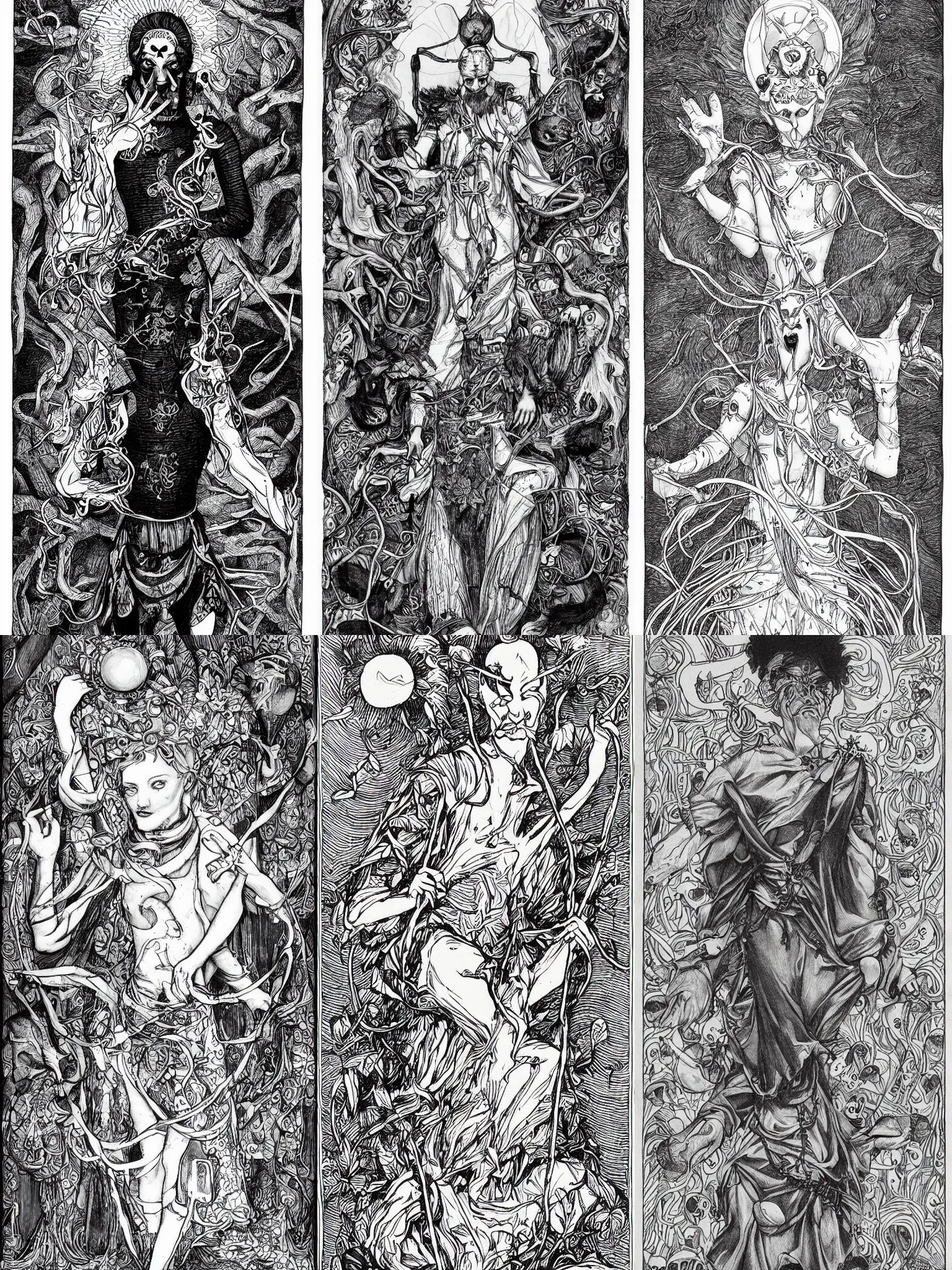 Prompt: The fool tarot card illustrated by James Jean, black and white graphite drawing