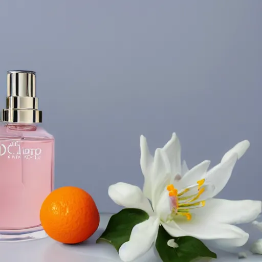 Prompt: centered bright perfume bottle sitting on a white clean surface surrounded by a plethora of white flowers and oranges upfront, with dreamy bright blue sky and clouds in the background, softly - lit, soft - warm, zen, light, modern minimalist f 2 0 clean