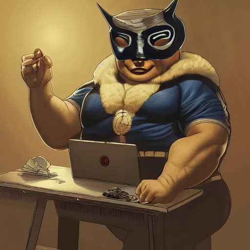 Prompt: a insanely detailed painting of a chubby masked asian man wearing a superhero costume sitting at a desk, staring at the nervously at the computer typing, in the style of peter mohrbacher, dramatic lighting and composition, trending on artstation, concept art, comic book