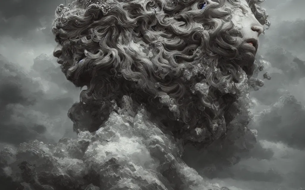 Prompt: portrait of demigod throne clouds, face made out of clouds, dramatic, intricate, elegant, detailed, digital painting, artstation, concept art, smooth, sharp focus, illustration, cinematic, gustave dore, octane render