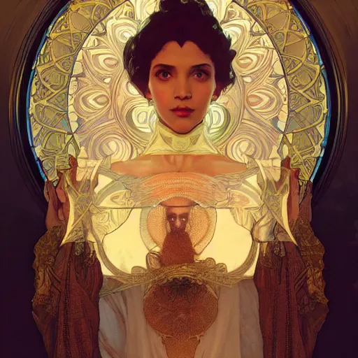 Image similar to a Portrait of A queen whose body is transparent and whose body radiates holy light by greg rutkowski and alphonse mucha,In style of digital art illustration.hyper detailed,smooth, sharp focus,trending on artstation,4k