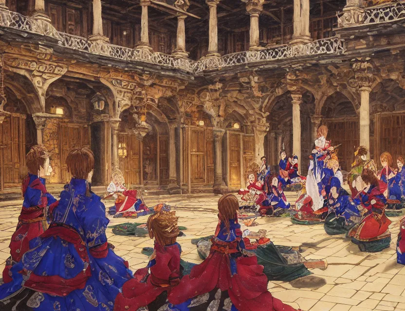 Prompt: great banquet in the palace courtyard. this oil painting by the award - winning mangaka has a beautiful composition, great sense of depth, dramatic lighting and intricate details.