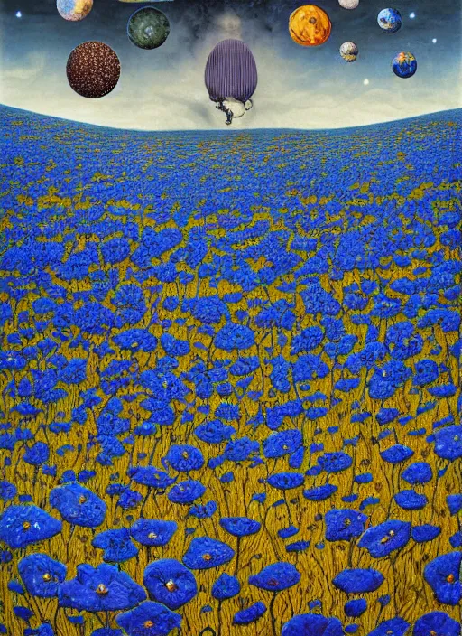 Image similar to detailed, intricate blue black and purple papaverum flower on the field, nebula, galaxy in the sky, winning award masterpiece, fantastically beautiful, illustration, aestheticly inspired, jacek yerka, upscale with anguissola sofonisba work, artstation, 8 k