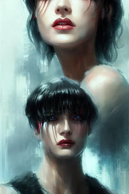 Prompt: jessica from bladerunner, seductive look, chromatic aberration, hyper realistic, highly detailed, digital painting, trending on artstation, concept art, sharp focus, illustration, art by wlop and artgerm and greg rutkowski and ayami kojima