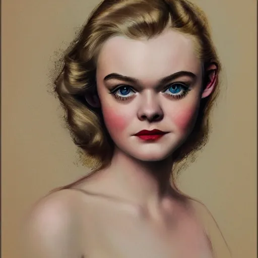 Image similar to professional painting of Elle Fanning in the style of Rolf Armstrong, head and shoulders portrait, symmetrical facial features, smooth, sharp focus, illustration, intricate, stormy weather, extremely detailed masterpiece,