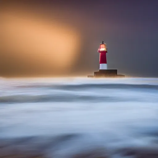 Prompt: a photo of a lighthouse in a storm at night. lonely, churning waves, splashing on lighthouse. warm lighting, long exposure