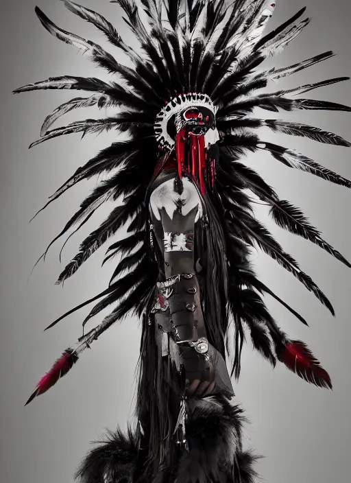 Image similar to the ghost - spirit of the grim - warpaint wears the scarlet skull armor and native blood headdress feathers, midnight fog - mist!, realism, cinematic lighting, various refining methods, micro macro autofocus, ultra definition, award winning photo