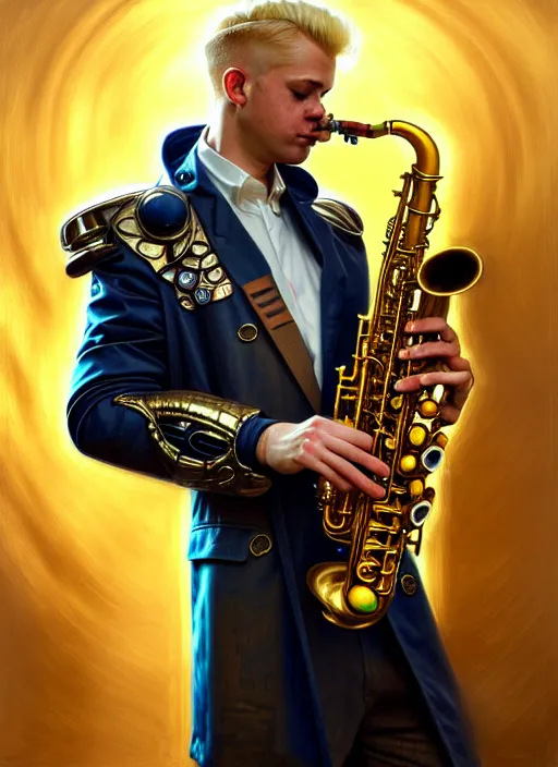 Image similar to portrait of a blond man playing sax, warhammer 40000, cyberpunk, intricate, elegant, highly detailed, digital painting, artstation, concept art, smooth, sharp focus, illustration, art by artgerm and greg rutkowski and alphonse mucha and Gustav Klimt