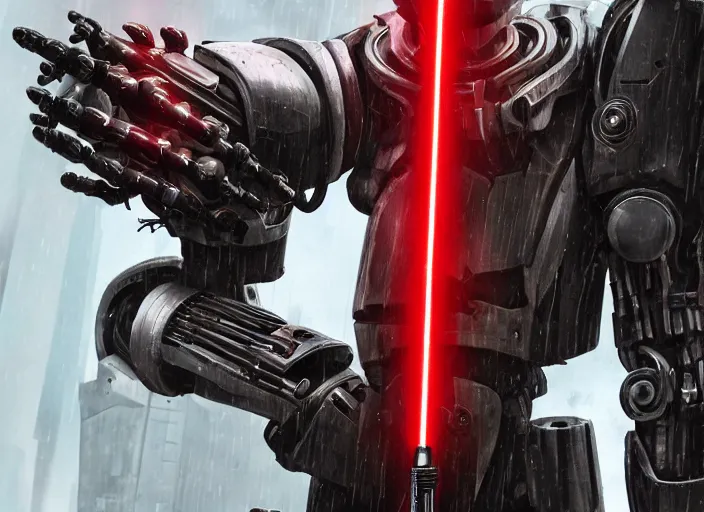 Image similar to portrait photo of general grievous with heavy duty biomechanical cybernetic body with 4 arms holding 4 activated red lightsabers in the rain. cyberpunk horror style.