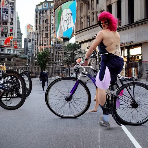 Prompt: unicorn riding on bikes in the city