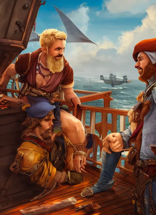 Image similar to an epic fantasy comic book style portrait painting of two bumbling idiot sky - pirates on the deck of a skyship looking at a chest, unreal 5, daz, hyperrealistic, octane render, cosplay, rpg portrait, dynamic lighting