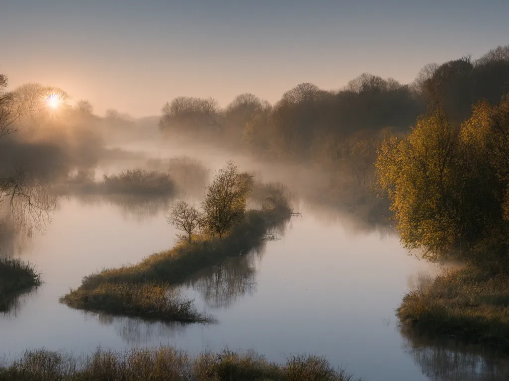 Image similar to A landscape photo taken by Kai Hornung of a river at dawn, misty, early morning sunlight, cold, chilly, two swans swim by, rural, English countryside