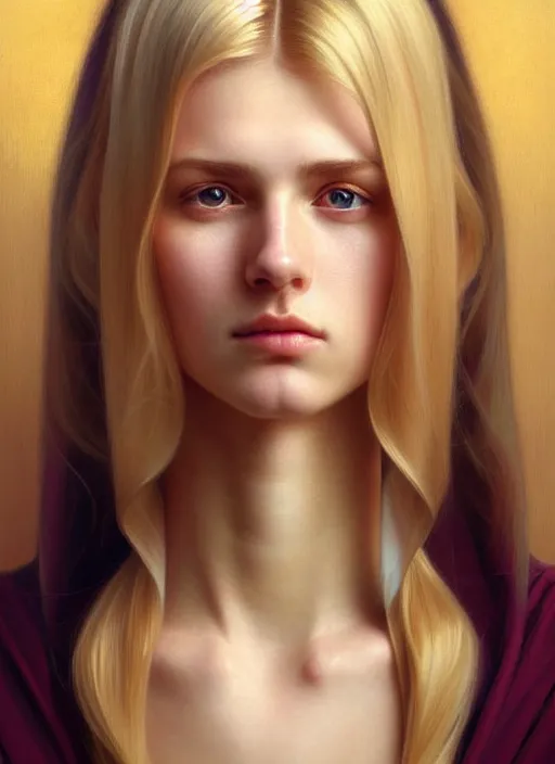 Image similar to beautiful symmetrical face!! portrait of young woman blessed with ever - increasing physical and mental perfection, realism, blonde hair, perfect face!! intricate, elegant, highly detailed, vision of holy perfection!! digital painting, artstation, concept art, smooth, sharp focus, illustration, humanity, art by artgerm and greg rutkowski and alphonse mucha