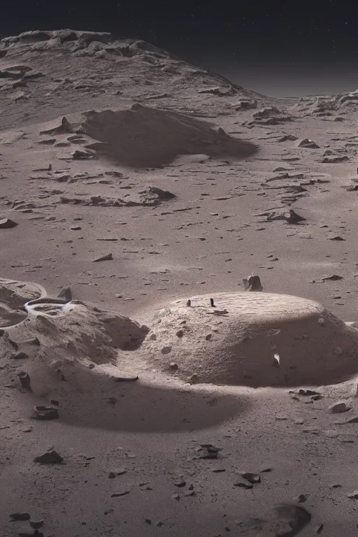 Prompt: beautiful cinematic scene of small research lab brutalist design in a crater in the middle of the desert of Mars planet, red ambient, concept art by yoshitaka amano and H.R. Giger, intricate detail, 8k, featured art