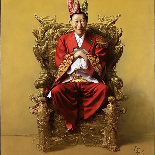 Image similar to portrait of the emperor of japan dressed as a chicken, sitting on his throne at his palace, highly detailed painting by gaston bussiere, craig mullins, j. c. leyendecker 8 k