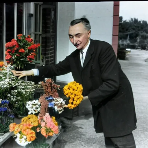 Prompt: color photo of robert oppenheimer selling flowers