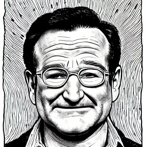 Image similar to a portrait of Robin Williams drawn by Robert Crumb