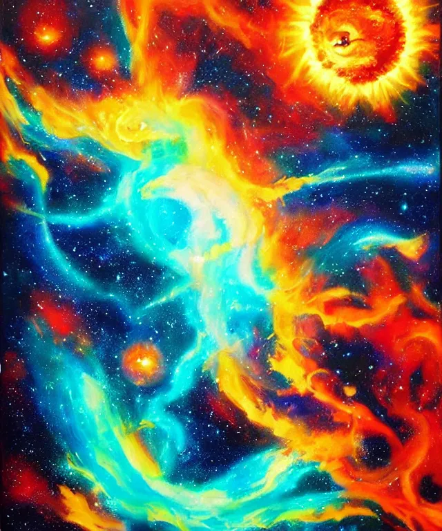 Image similar to blackhole, sun, space, bright colors, painting, perfect composition, phoenix flames, nebula clouds, soft tones