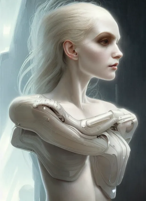 Image similar to pale mark zukerberg as android, pale plastc, portrait, intricate, elegant, highly detailed, digital painting, artstation, concept art, wallpaper, smooth, sharp focus, illustration, art by h. r. giger and artgerm and greg rutkowski and alphonse mucha