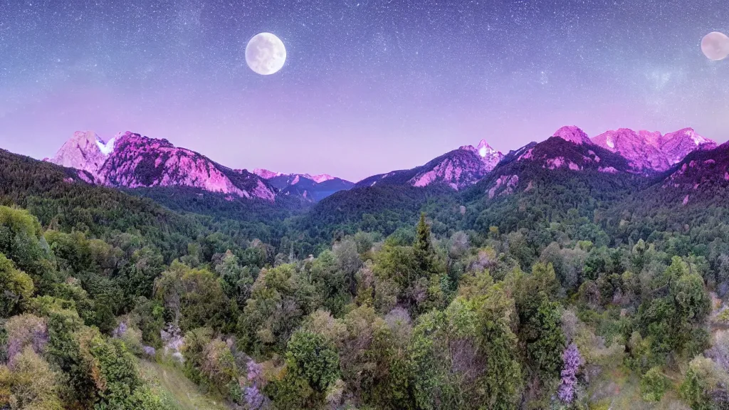 Image similar to Panoramic photo where the mountains are towering over the valley below their peaks shrouded in mist. It is night and the moon is just peeking over the horizon and the purple sky is covered with stars and clouds. The river is winding its way through the valley and the trees are blue and pink