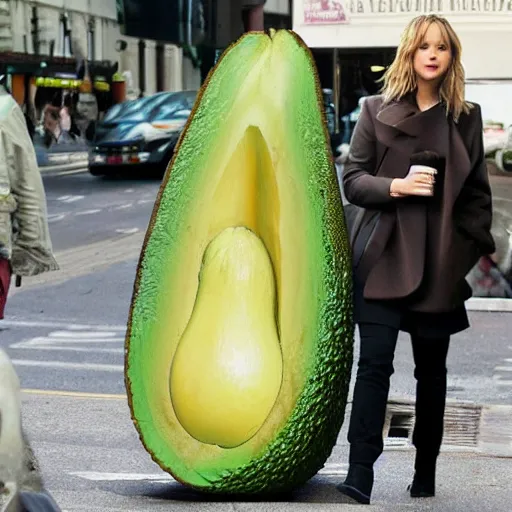 Image similar to jennifer lawrence completely covered in a big avocado