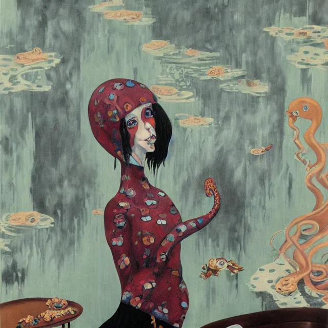 Image similar to tall female emo artist holding an octopus in a flooded cafe, octopus, water gushing from ceiling, painting of flood waters inside a cafe, a river flooding indoors, pomegranates, pigs, ikebana, water, octopus, river, rapids, waterfall, black swans, canoe, berries, acrylic on canvas, surrealist, by magritte and monet