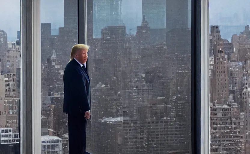 Image similar to a cinematic, close up portrait, of donald trump starring out his window onto new york city on the verge of tears