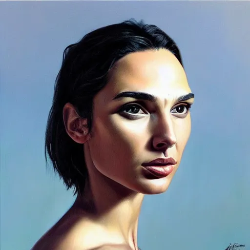 Prompt: a striking hyper real painting of Gal Gadot by Jeffrey Smart.