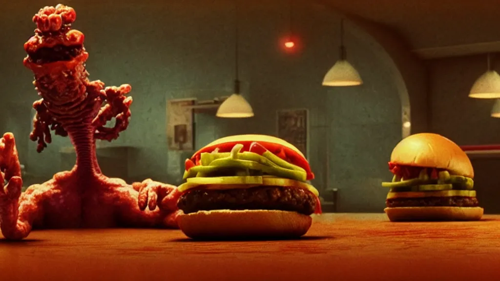 Image similar to the strange cheeseburger creature at the fast food place, film still from the movie directed by denis villeneuve and david cronenberg with art direction by salvador dali and zdzisław beksinski, wide lens