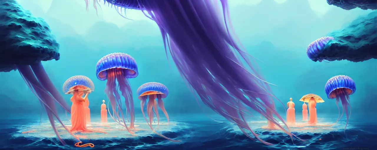 Prompt: A painting of shrine maidens worshipping at the jellyfish temple, shrouded in mist, jellyfish god, 8K, illustration, by ilya kuvshinov and Wojtek Fus and Justin Cheung and ArtGerm and Stéphane Roux, smoke, undersea temple with fish, cinematic, insanely detailed and intricate, hypermaximalist, elegant, super detailed, award-winning, chartreuse and orange and cyan, mysterious, ancient, ritual, ethereal, trending in cgsociety, artstation HQ, ornate, elite, haunting, matte painting, beautiful detailed, insanely intricate details, artstation trending